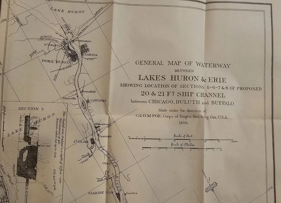 Antiguo mapa de vías fluviales de 1895 entre el lago Huron y Erie, canal de barco 29x12 Foto 4 de 4