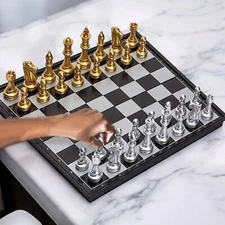 Magnetic Travel Chess Set Portable Mini Small Luxury Silver Gold -7.5 Inch