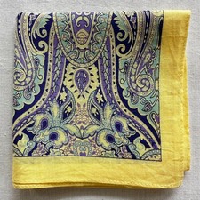 Vintage Mens Handkerchief Yellow Cotton Blue Paisley Floral Damask Art Hanky 20"