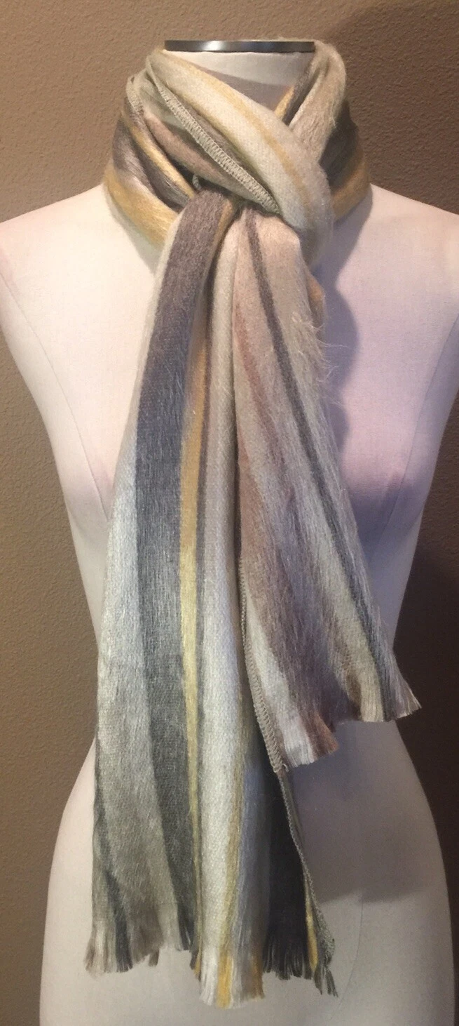 74”x12” Shupaca Gold Striped Quiet Luxury Alpaca Scarf Wrap W Fringe