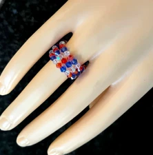 3pc 4th of July Patriotic Sparkly Glass Bead Stretch Rings Red White Blue 7-8