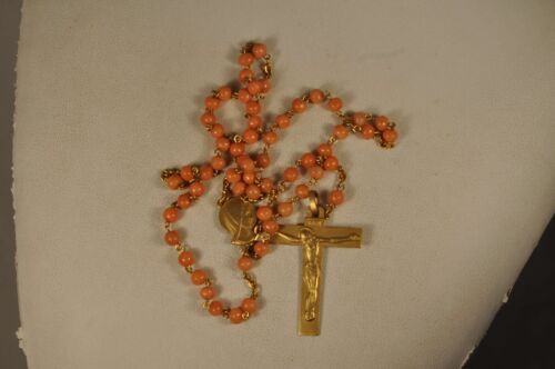 CHAPELET ANCIEN CORAIL PLAQUE OR PENIN ANTIQUE GOLD FILLED CORAL ROSARY - Foto 1 di 10