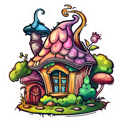 Fairy House Sticker 4'' Cute Faerie Mushrooms Garden Pixie Magical Lore Purple