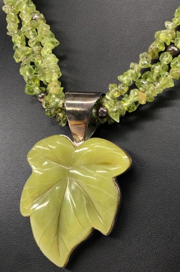 JAY KING Sterling Silver & Peridot Beaded Necklace W/ Serpentine Leaf Pendant - Image 2 of 4
