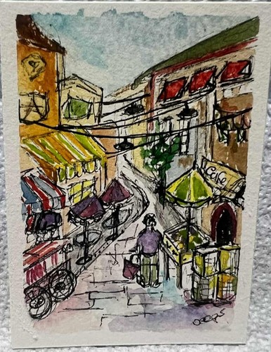 OOAK ACEO Abstraktionist Italian Street Market Watercolor Whimsey Painting