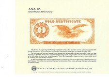 ANA Souvenir Card 1985 BEP B 82 $500 Lincoln Gold Certificate 1882 back Mint