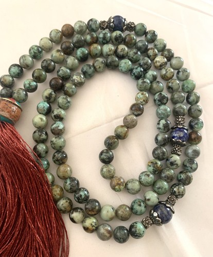 108 GREEN TURQUOISE JASPER BEAD MEDITATION PRAYER NECKLACE STERLING SILVER LAPIS