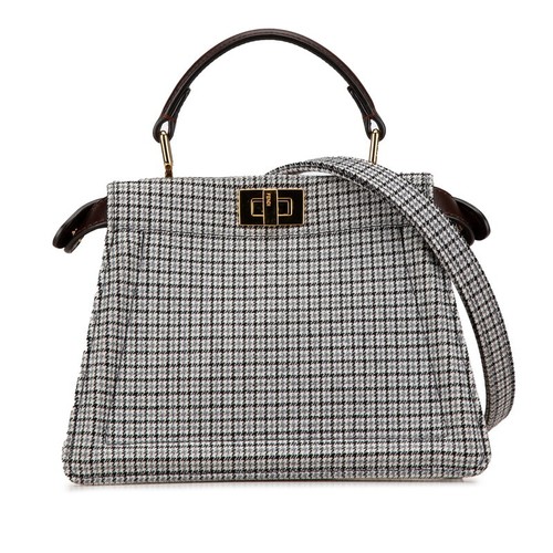FENDI Peekaboo Ic You Mini Handbag Shoulder Bag Gray Brown Cotton Leather