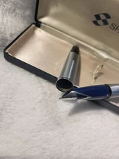 🔥VTG SHEAFFER PUSH BUTTON FILL FOUNTAIN PEN,BOX, AND PAPER CHROME/BLUE 