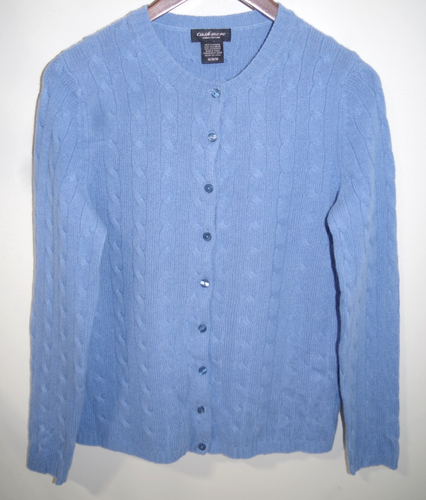 C3 Lord & Taylor 100% Cashmere Button Up Cardigan Sweater M Blue Cable Knit