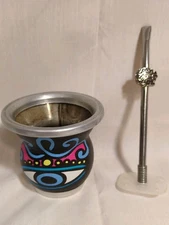 Basa Home Leather And Metal Eye Motif Yerba Mate  Cup & Aqua Mate Bombilla