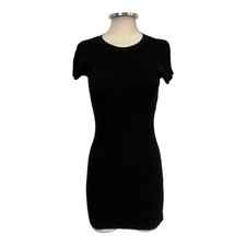 Anine Bing Skylar Ribbed Knit Stretch Short Sleeve Mini Dress Black Size Small