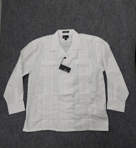 Omega Fashion Guayabera Shirt Mens XL White Embroidered Long Sleeve Wedding