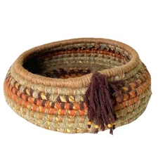 Vtg Handmade Coiled Woven Basket Small Catch All Earth Tones Boho Decor Tassel