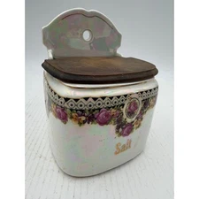 Vtg German Porcelain Salt Box Wall Mount Wood Lid Kitchen Decor Iridescent L4