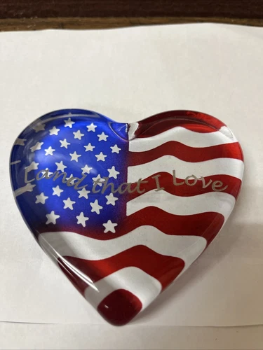 Fenton Art Glass Patriotic USA Flag Heart Shaped Paperweight Land That I Love