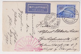 DR Zeppelin polar trip 1931 Mi 457 on postcard Frankfurt Bischofswerda