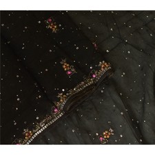 Sanskriti Vintage Long Black Dupatta/Stole Pure Chiffon Silk Hand Beaded Scarves