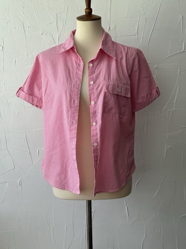Women’s Blouse Pink Gingham Short Button Sleeve, No Iron Cotton Blend S, BasicEd - Picture 14 of 20