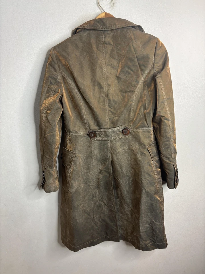 Moschino Jeans Coat Womens 4 Tiger Lined Brown Waxed Safari Trench Jacket Italy - Image 4 of 4