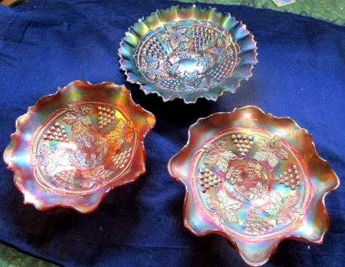 3 BEAUTIFUL ANTIQUE CARNIVAL GLASS GRAPE & CABLE BOWLS, 8 1/2" & TWO 7 1/2" ONES