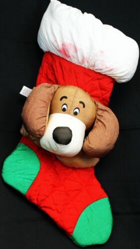 Vtg 1990s Nylon Christmas Stocking Plush Red Brown Dog Face Jingle Bell Holiday - Picture 1 of 10