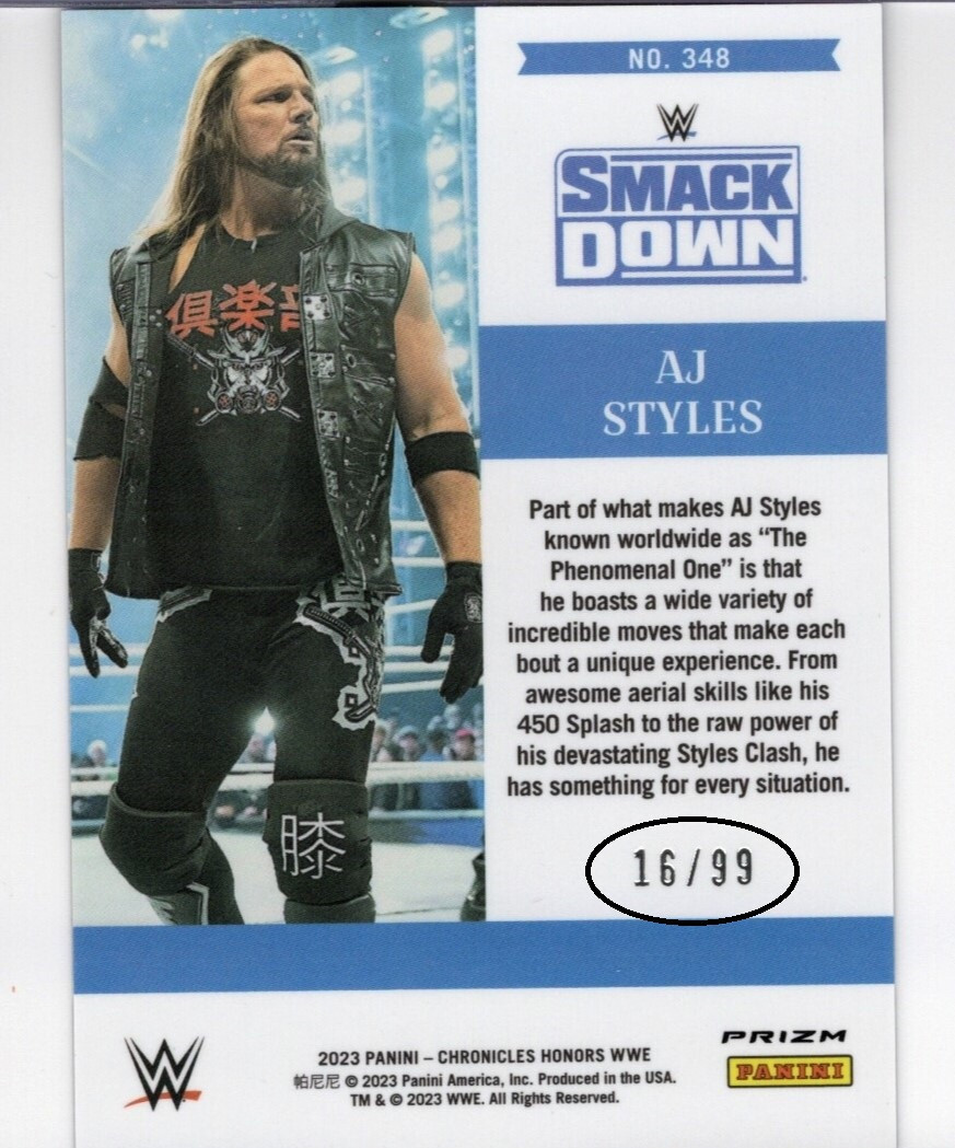 AJ Styles 2023 Panini Chronicles WWE Honors Blue Parallel /99 Card