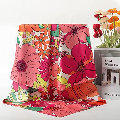 "Bufanda de seda de 35"" para mujer bufanda grande cuadrada colorida flor (rojo rosa)" - Imagen 3 de 5