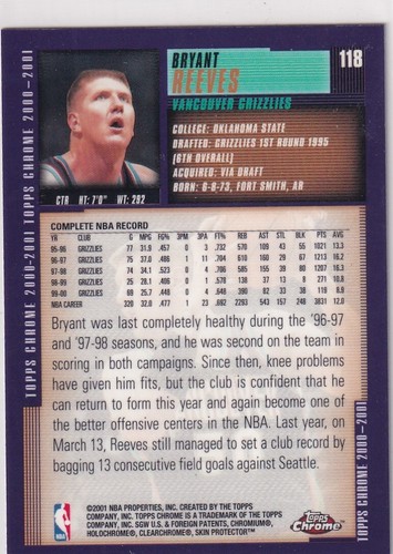 Topps Chrome NBA Basketball 2000-2001 No. 118 Bryant Reeves - Bild 2 von 2