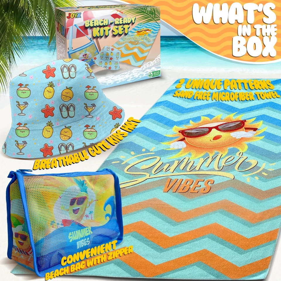 Conjunto de paquete de playa JoyX para niños: sombrero con protección UV, toalla de doble cara y bolsa de playa Foto 3 de 4