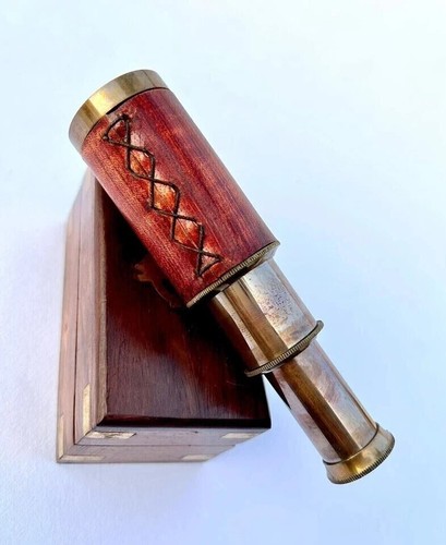 Antique Brass Telescope Marine Nautical Leather Vintage Scope With Wooden Box - Picture 4 of 4