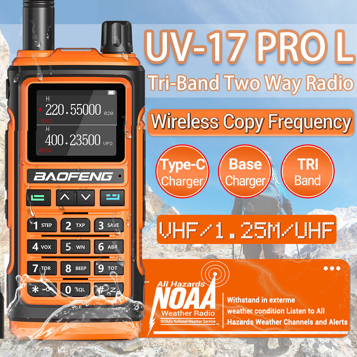 Baofeng UV-17 Pro L Walkie Talkies Two Way Radio Tri-Band NOAA & Extra batteries