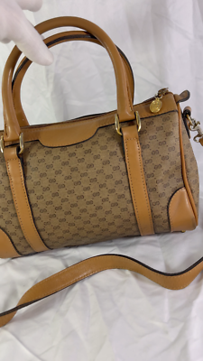 70's GUCCI Beige Canvas Tan Leather Micro GG Monogram Satchel Made