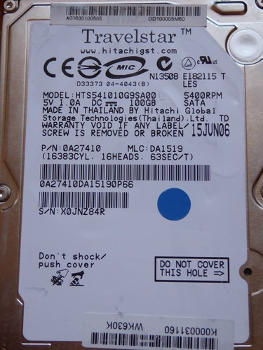 Hitachi HTS541010G9SA00 | P/N: 0A27410 | MLC: DA1519 | 15 JUN 2006 | 100GB