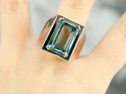 翡翠切割模拟海蓝宝石男式令人惊叹的戒指 14k 镀白金 — 第 2/4 张图片
