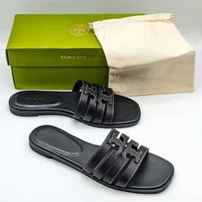 Tory Burch “Ines Cage Slide” Tumbled Leather with Logo ($258) Perfect Black NEW