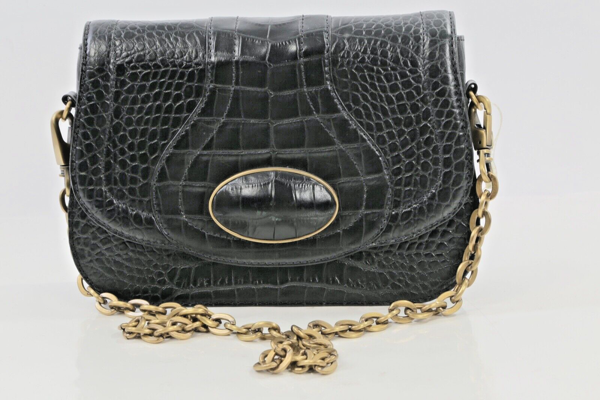 Helen Kaminski Vintage Black Croco Embossed Leather Flap Chain