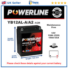 YB12AL-A2 AGM Powerline Motorcycle Battery 12V 12Ah YB12ALA2