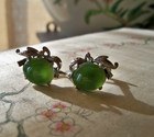 Fabulous green jade gemstone Earrings mcm antique vintage scroll white metal old — photo 3