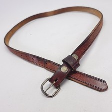 Distressed Leather Western Belt 34 Tooled Print Skinny Brown
