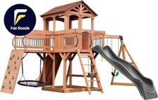 Sterling Point Cedar Wood Swing Set with Wave Slide Raised Clubhouse Wooden