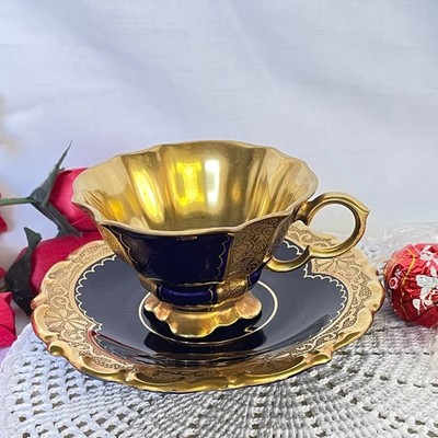 Lindner Echt Cobalt Demitasse Espresso Cup & Saucer Gold Kueps Bavaria Art Deco