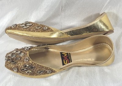 SKM Women's Pakistani Ethnic Flat Beaded Rhinestone Khussa Shoes - Gold - Sz 10