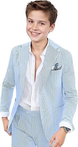 Seersucker Boy's Suits Summer Two Pieces Coat Pants Notch Lapel Leisure Casual - Picture 7 of 27