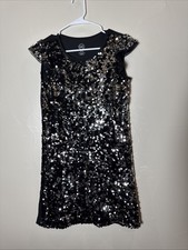 Wonder Nation Black Sequin Party Dress Girls Sz L 10/12 Cap Sleeve Mix Media