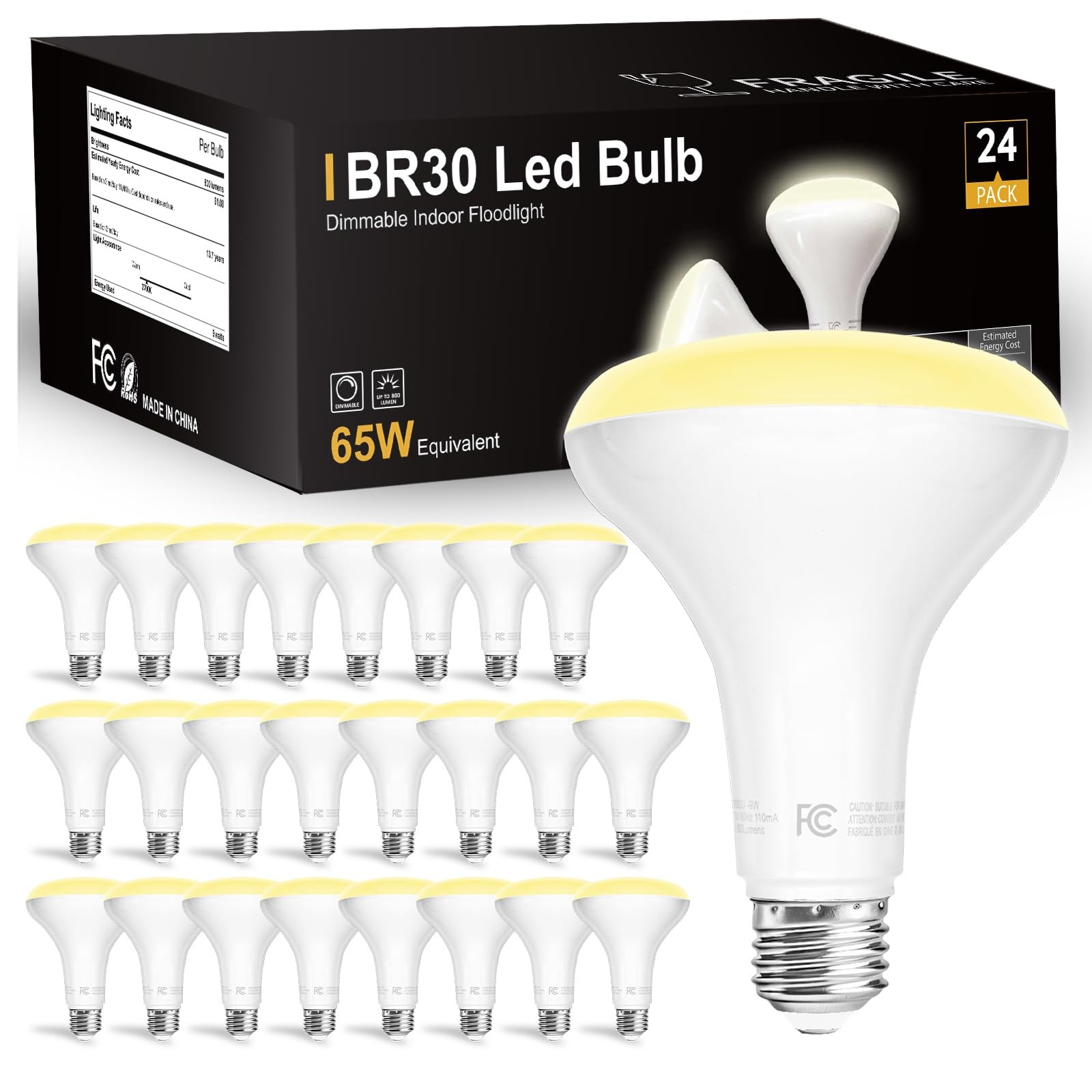 24 Pack BR30 LED Bulbs 65W Equivalent, Dimmable Indoor Flood Lights 2700K Sof...