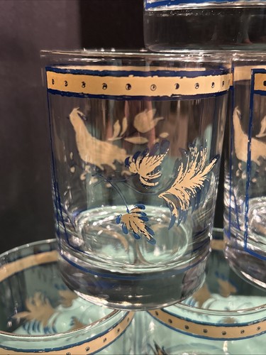 Set Of 6 VTG Georges Briard Whiskey Low Ball Pheasant Blue Gold Barware Glasses - Picture 3 of 8