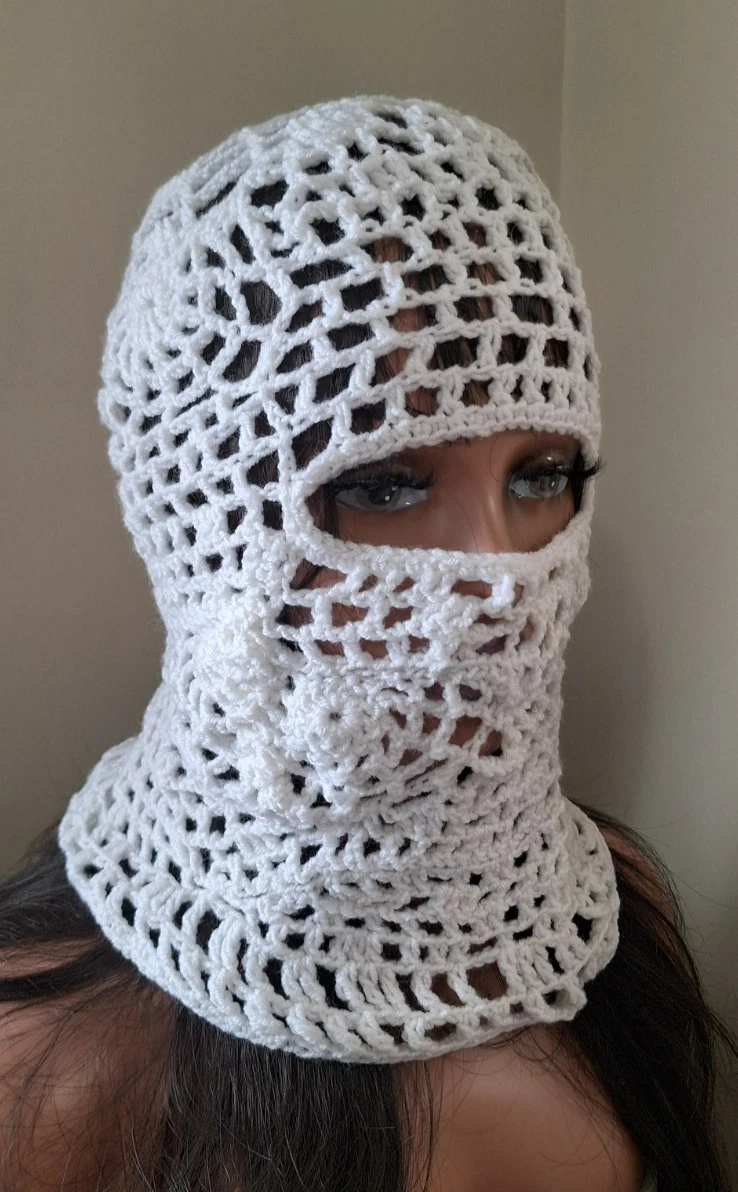 White Crochet Mesh Balaclava – Handmade OOAK Open Weave Hood – Avant Garde Knit
