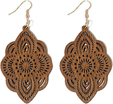 Bohemian Wood Earrings Natural Retro Lightweight Hollow Pattern Geometric Wooden