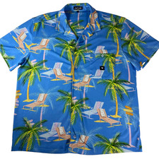 Bad Birdie Men's Blue Palm Tree Tropical Hawaiian Golf Polo Shirt Size L